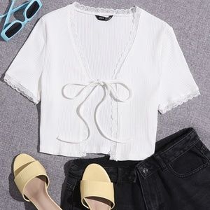 SHEIN White Knot Tie Front Lace Trim Rib-Knit Short-Sleeve Top